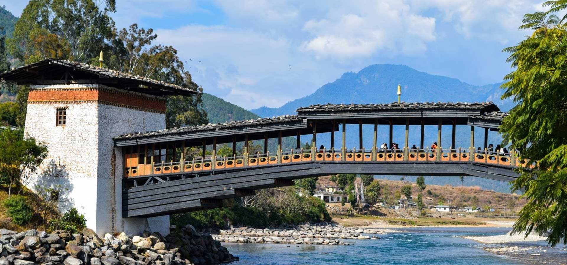 Traditional cantilever bridge at Punakha, Bhutan