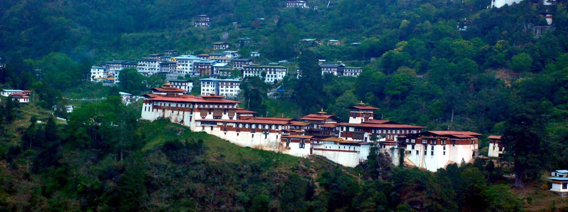 Trongsa Dzong above the forested valley in central Bhutan